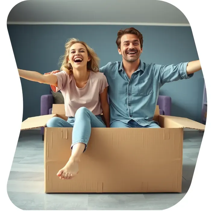 Two guys sitting on the floor of their apartment with Muval moving boxes